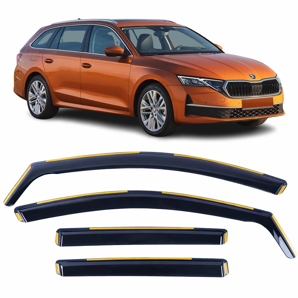 Set mit 4 Windabweisern für Skoda Octavia Kombi 2021 2022 2023 2024 2025 2026 In-K-Acryl-Seitenfenstervisiere, rauchgetönte Sonnen- und Regenschutz, Reflektoren, passend für Skoda Octavia Kombi.