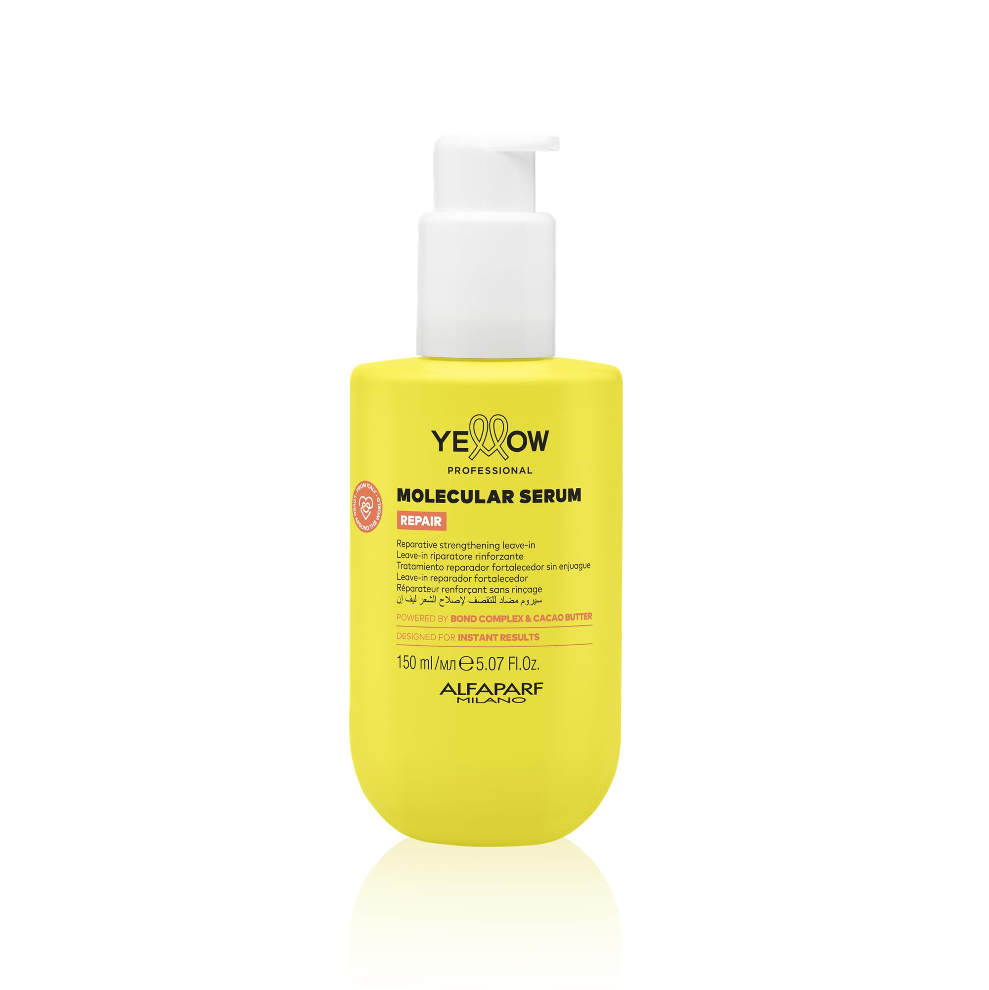 ALFAPARF MILANO Yellow Professional Repair Molecular Serum - Strengthening Leave-In for Damaged Hair - Powered by Bond Complex & Cacao Butter - Designed for Instant Results (5.07 fl oz / 150ml)