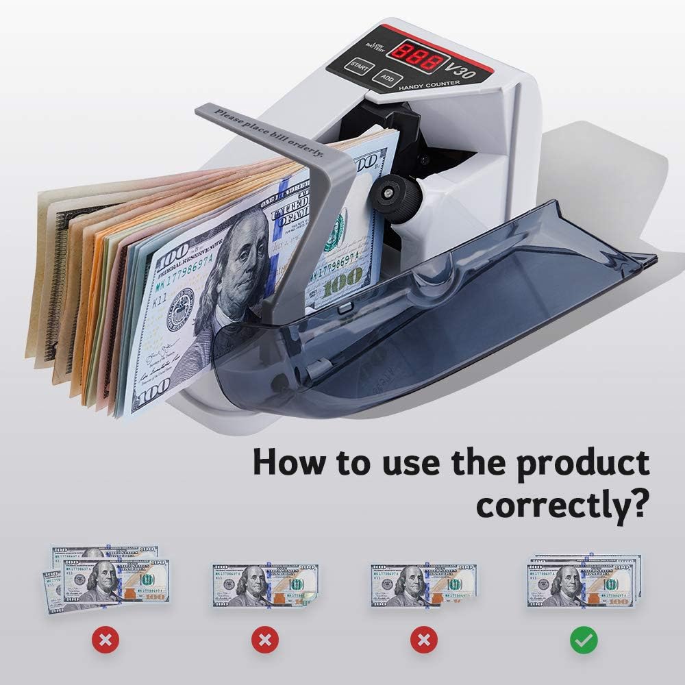 MUNBYN Mini Portable Handy Bill Cash Banknote Counter, Counting 600Bills/min, Money Currency Counting Machine, Comes with 200 pcs Currency Bands : Office Products