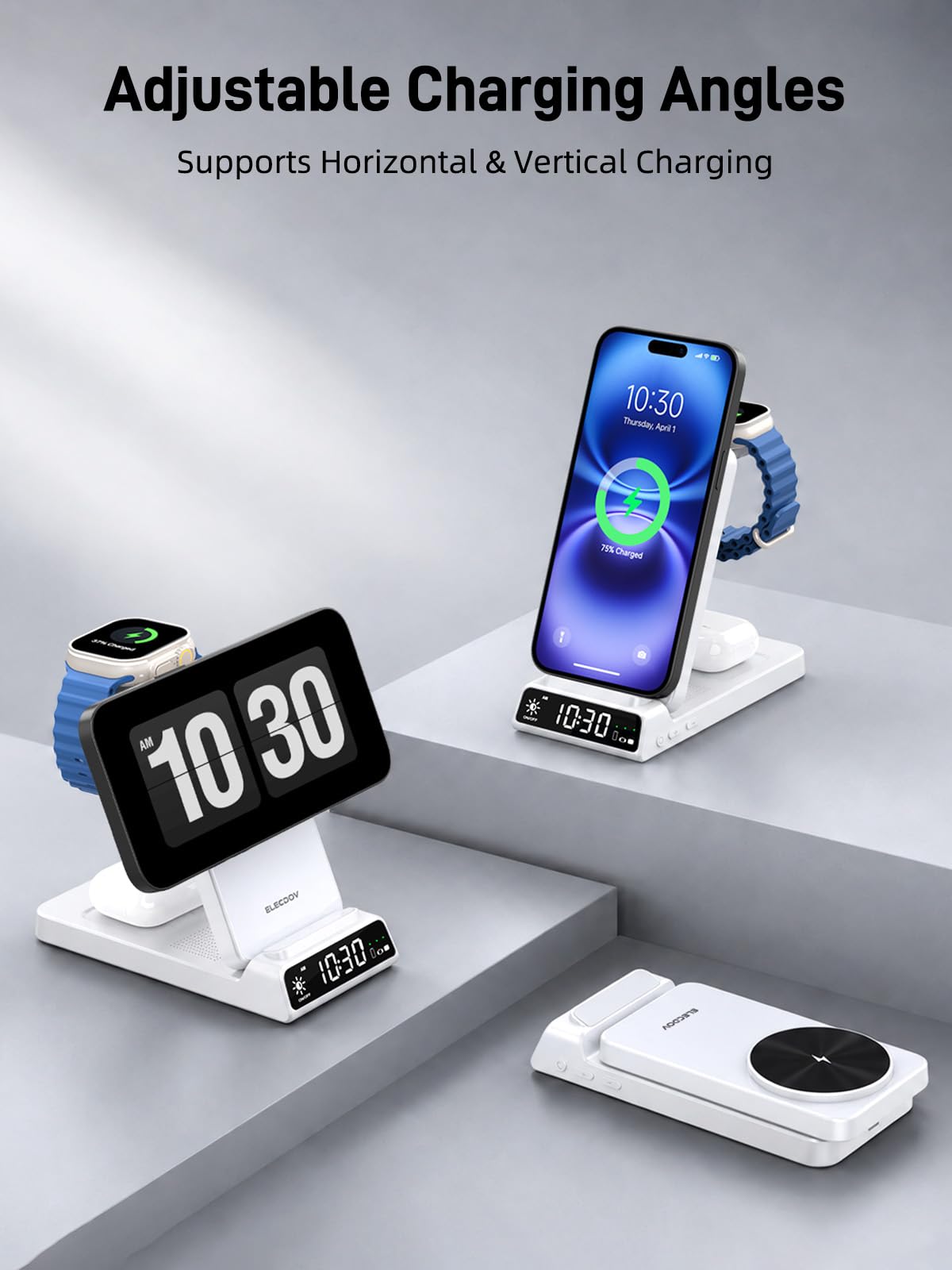 3-w-1 bezprzewodowa stacja ładująca dla Apple, składana magnetyczna stacja ładująca dla iPhone 17e/17 Pro Max/16 /Pixel 10/Samsung S26, stacja ładująca z zegarkiem dla Apple Watch 10/Ultra/9