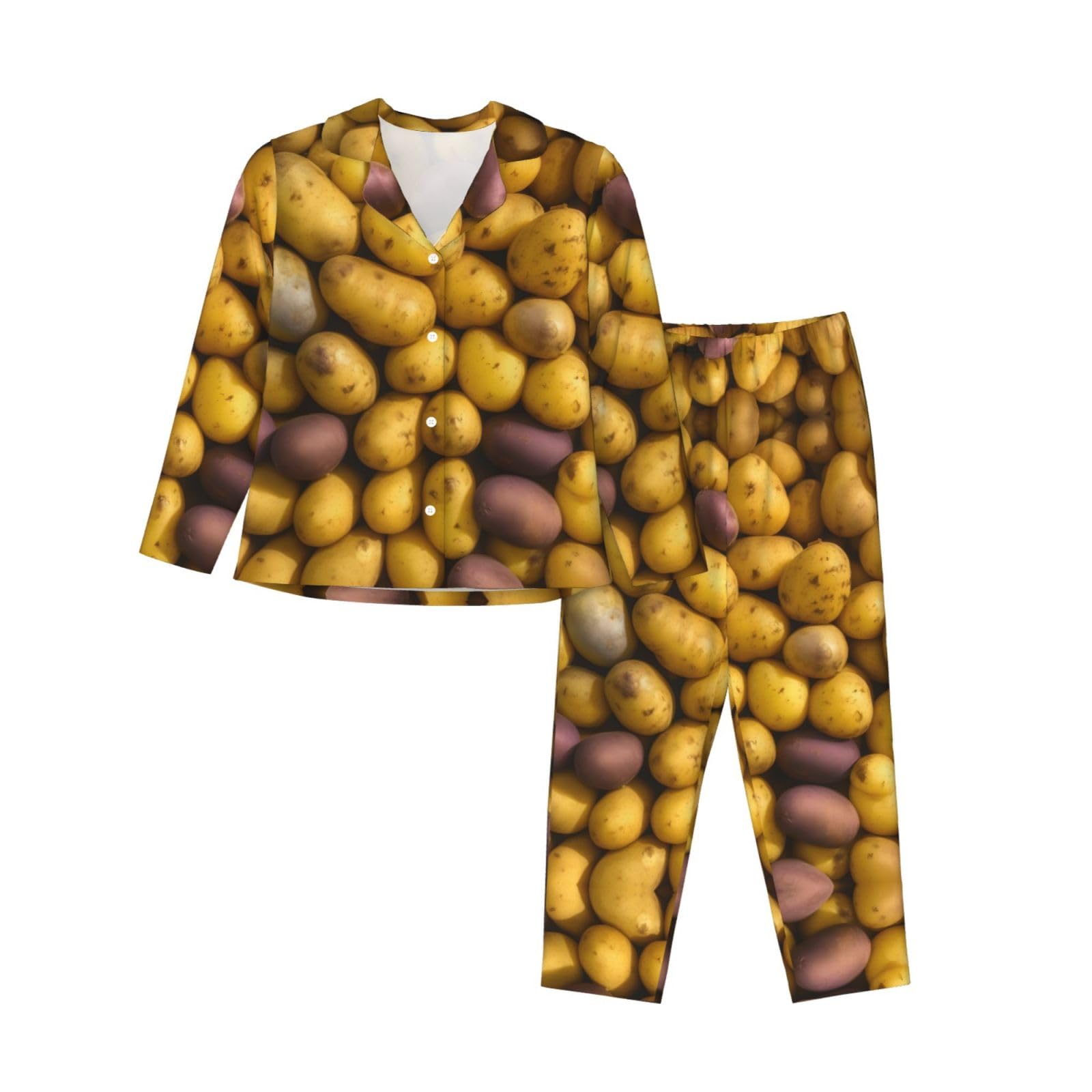 Jejea Women's Black Many Potatoes Print Comfy 2 Piece Sleepwear Lounge Set Pajamas Set Long Sleeve Sleepwear Night Wear