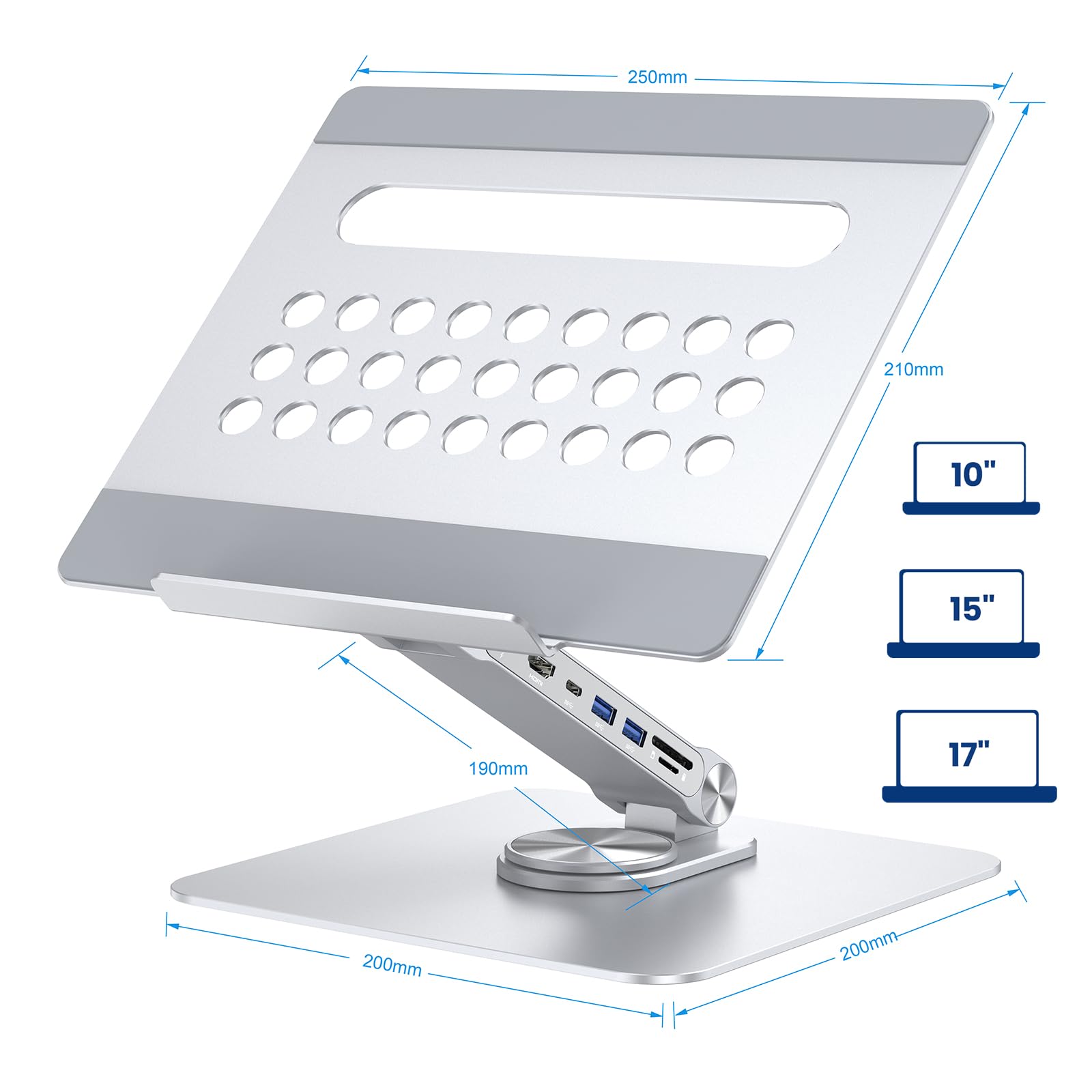 Ewent Supporto per Laptop da Scrivania in Lega di Alluminio, Supporto PC Docking Station 7 in 1 con cavo USB-C, Rialzo per Laptop Ergonomico Regolabile in Altezza con Rotazione 360°, Base Antiscivolo