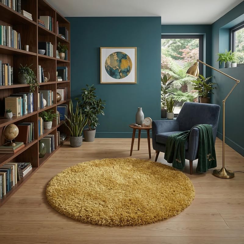 Image of Round Plain Fur Rugs Under Chair 4x4 Feet Microfiber 2 Inch Pile Height Modern Interior Mat Montanna Yellow Color