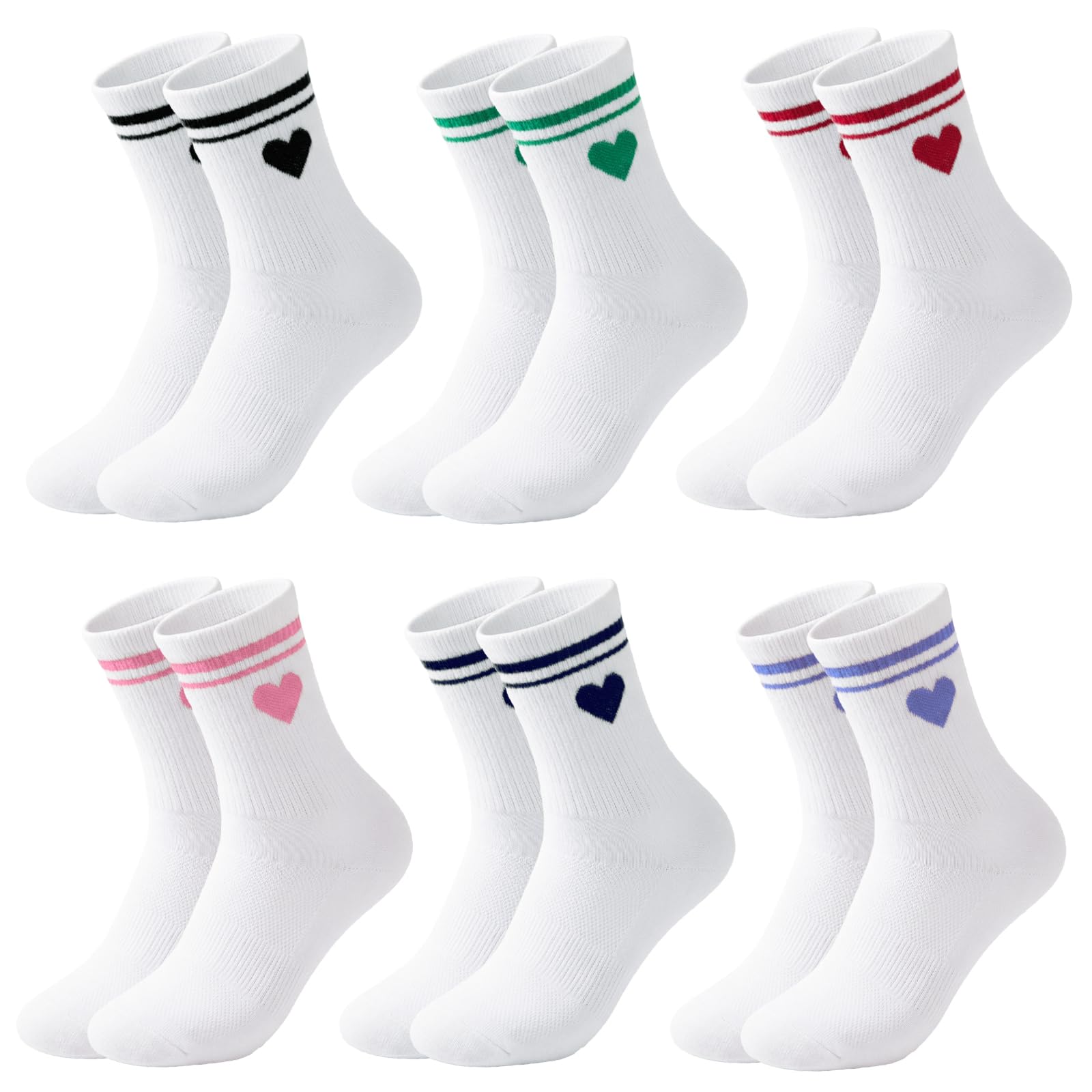 Briyat Herz Tennissocken Damen Mit Streifen Lustige Motive Für Sneaker | 35-38/39-42 Baumwoll Socken Damen,Sportsocken Damen,Crew Socks,atmungsaktiver Baumwolle,elastischer Rippbund,6 Paar