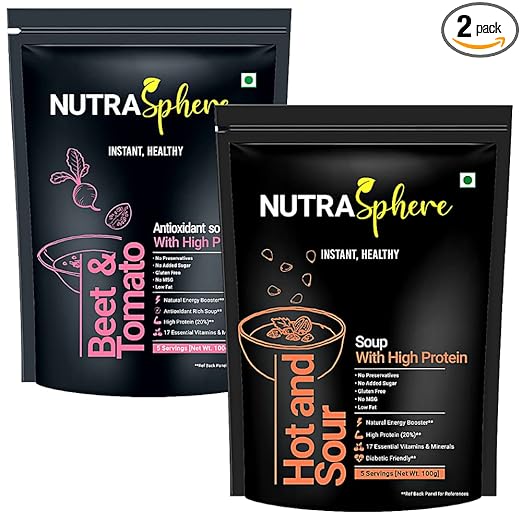 NutraSphere Beetroot Tomato, Hot n Sour High Protein Soup Packets Combo (Instant, Preservative Free, Sugarfree, No MSG, Weight Management)- 5 Sachet Each