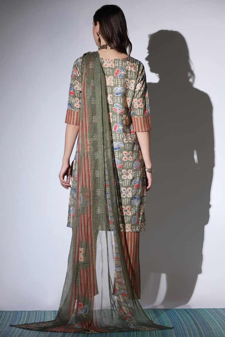 Dhruvi Trendz Women Cotton Blend Fancy Kurta Set Regular Fit Printed (Dt-K2704&P126_Mahendi_S)