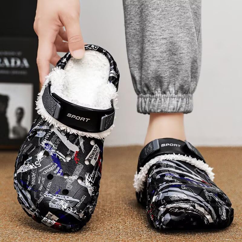 Image of Men's Graphic Fuzzy Lined Clogs Winter Slip On Shoes | Warm Plush Lined Clog Shoes with Vintage Printed Design, Lightweight Closed Toe Casual Footwear for Indoor Outdoor Daily Wear