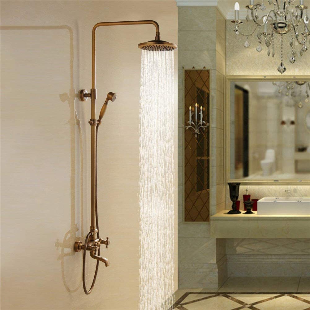 NGDFGR Antique Brass Bathroom Shower Tap, Vintage Rainfall Shower Faucet Ceramic Valve Two Handles Bath Shower Mixer Taps Hot And Cold, Rain Shower Mixer Set Antique Brass Finis,B
