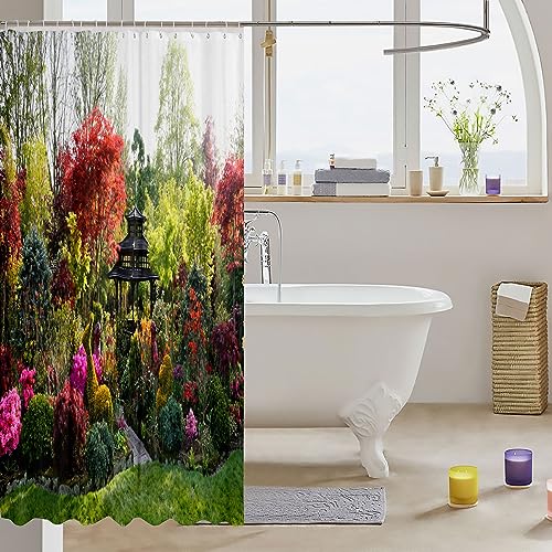 Loussiesd Natural Shower Curtain 180x180cm 3D Garden View Flowers Trees Waterproof Shower Curtain Outdoor Nature Scenery Waterproof Cloth Fabric Bathroom Decor Set including Hooks - Image 3