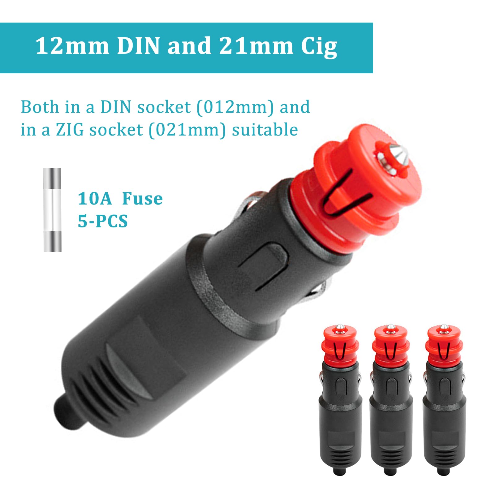 5 sztuk wtyczek zapalniczek 12 V/24 V z końcówką do papierosów, wtyczka samochodowa z bezpiecznikami 10 A do samochodów osobowych, ciężarówek, motocykli