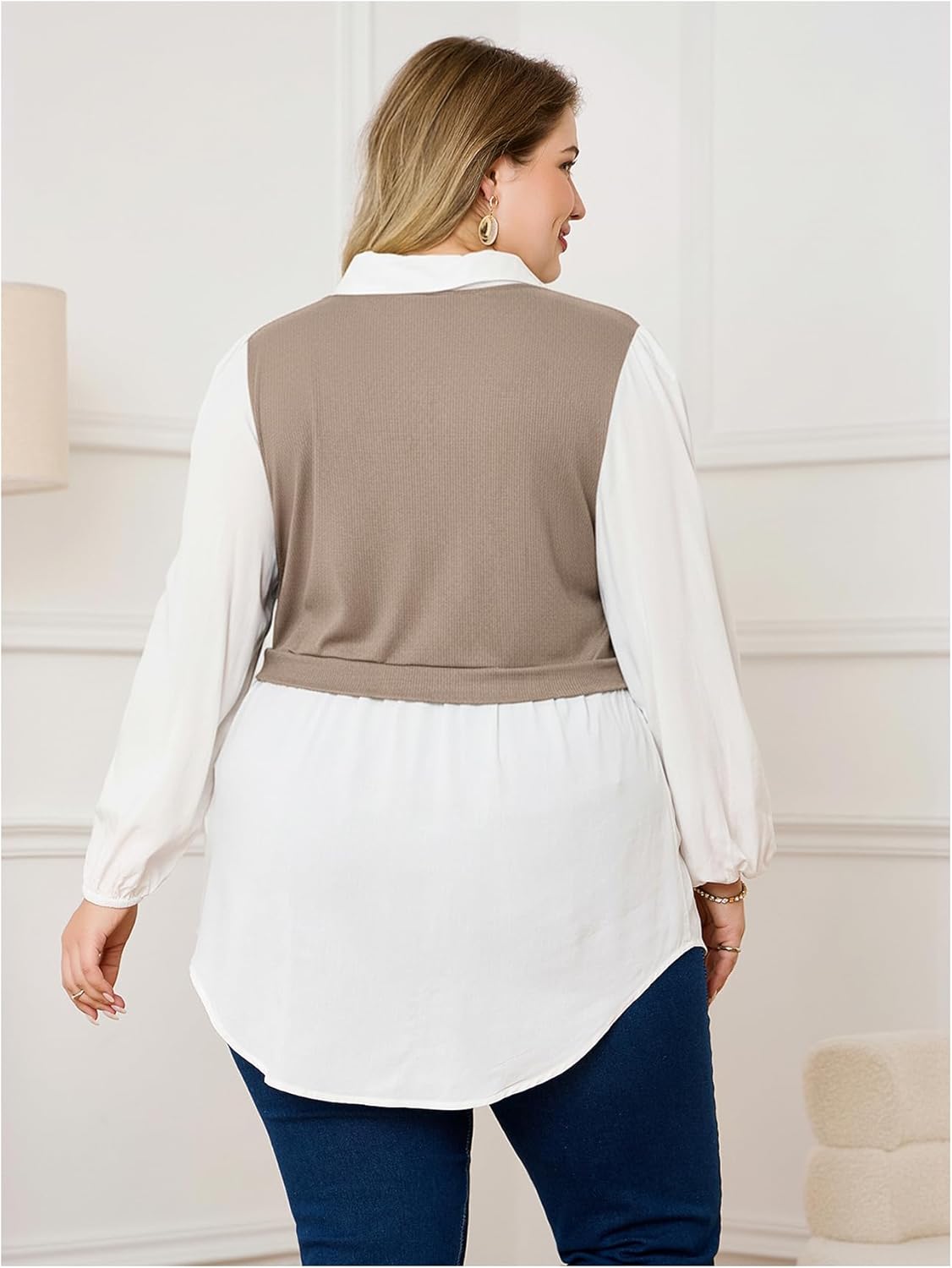 OYOANGLE Women's Plus Size Colorblock Collared Lantern Long Sleeve Button Down Blouses Elegant Office Peplum Shirt Tops - Image 2