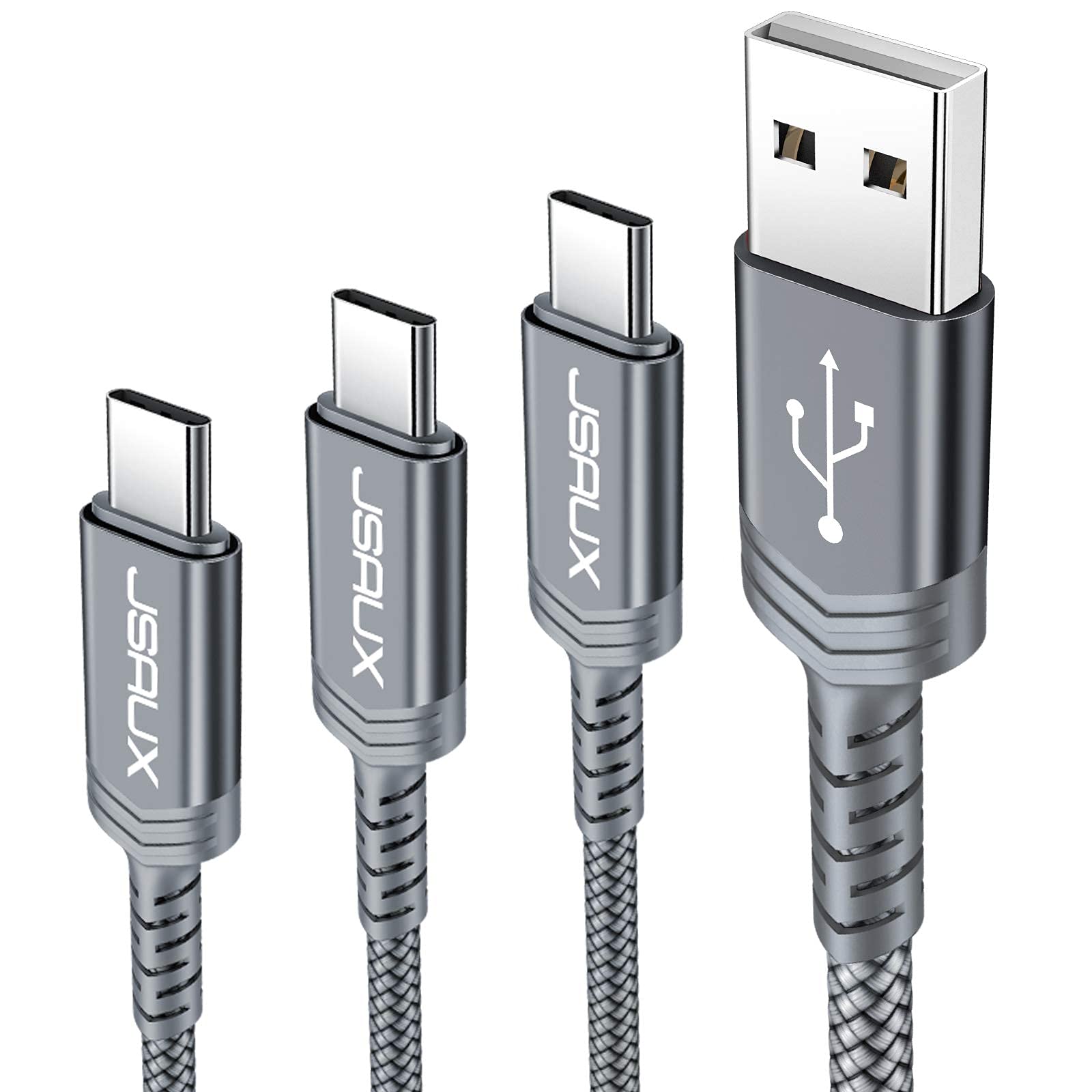 USB C Cable, JSAUX (3-Pack/0.3M+1M+2M) Nylon Type C Fast Charging Charger Compatible for Samsung Galaxy S10 S9 S8 S20 A3 A5 2017 Note 10 9 8, Huawei P9 P10, Google Pixel, Sony Xperia XZ, LG G5 G6 Grey