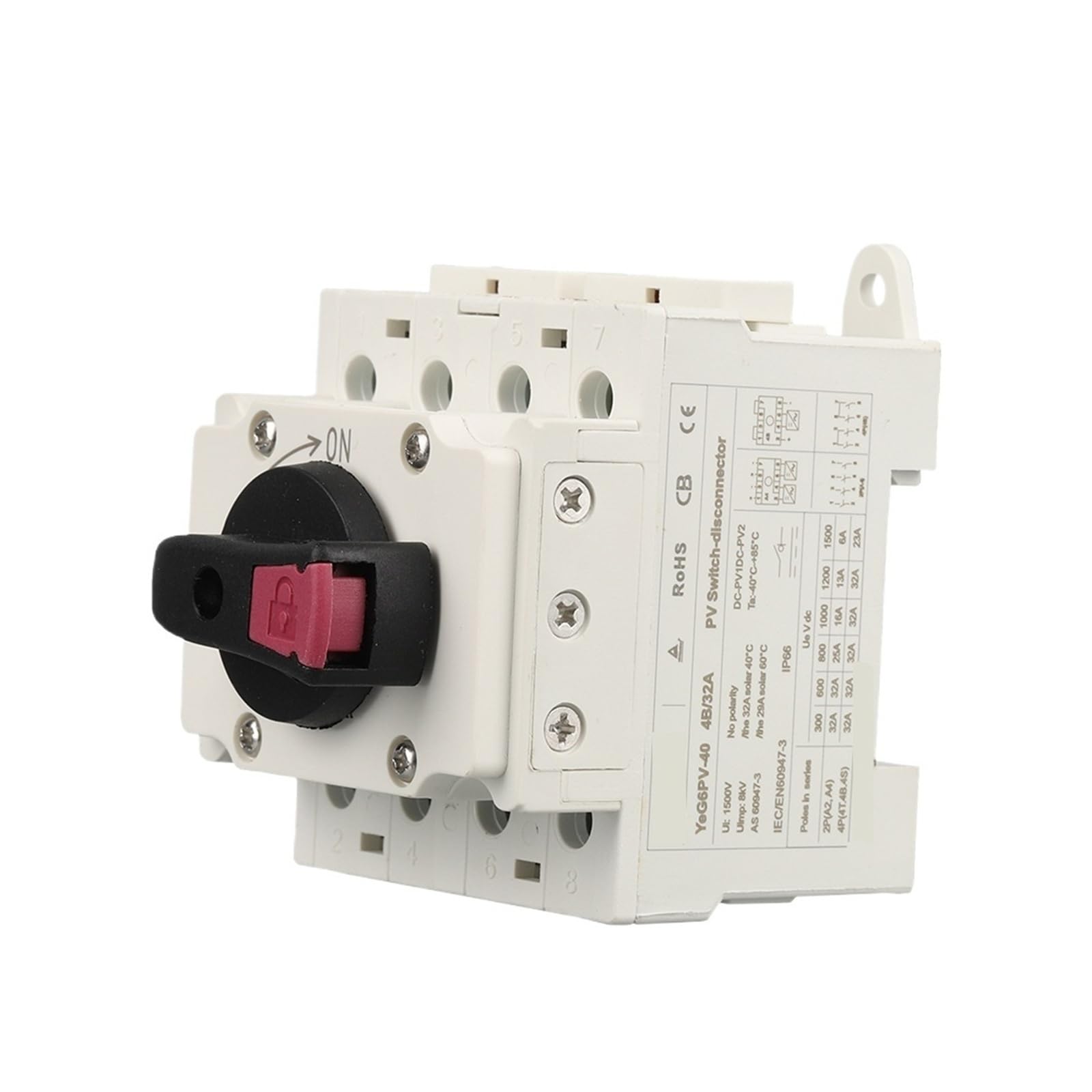HHB18I DC Isolator Switch PV 1000V 32A 2P Din Rail Mounting Rotating Handle Disconnector(YeG6PV404B32A)