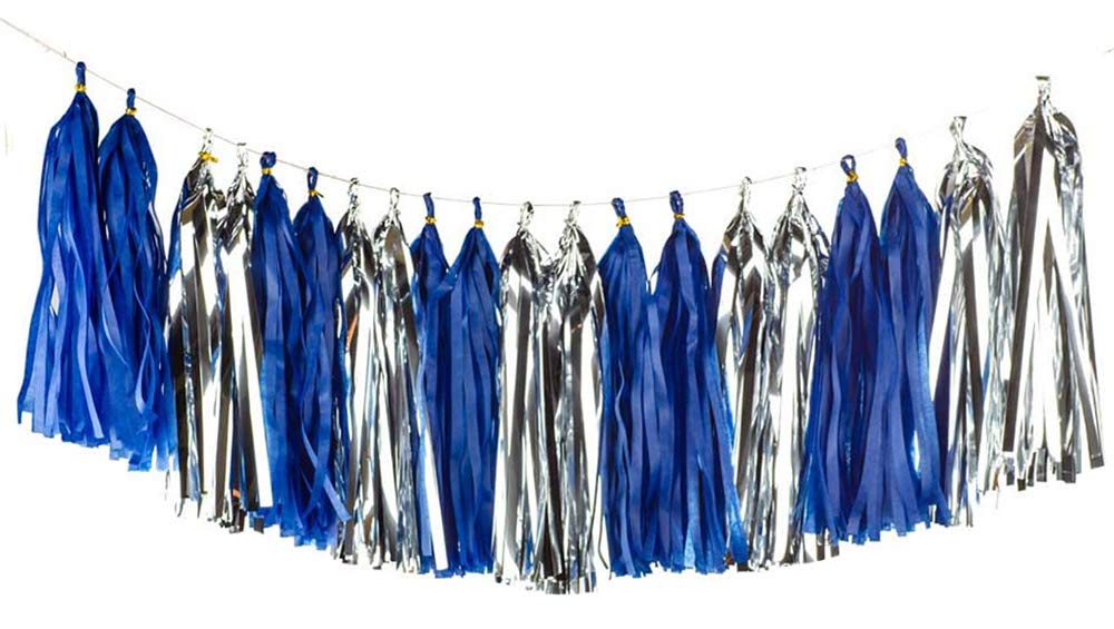 Shiny Tassel Garland Tissue Colorful Paper Tassel Banner, Tassels Party Decorations Supplies, Pack of 20 - (Navy Blue and Silver)
