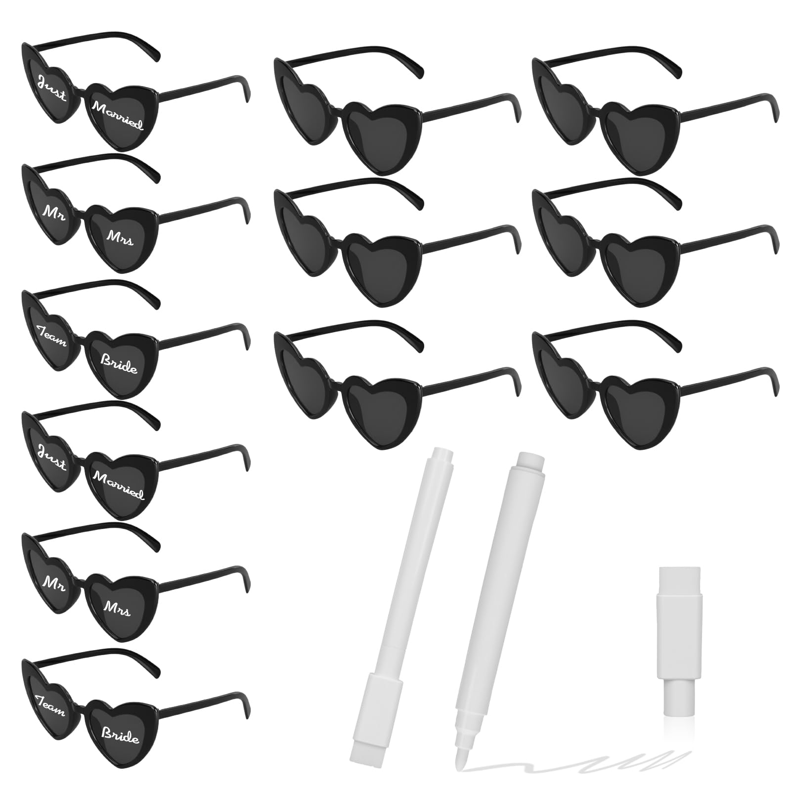 12 Herz Sonnenbrille Partybrille Set DIY Herzbrille mit 2 Stift, Sonnenbrille Hochzeit JGA Brillen Hippie Herzförmige Brille Herzform Brille für Party Hochzeit Karneval Halloween (12, Schwarz)