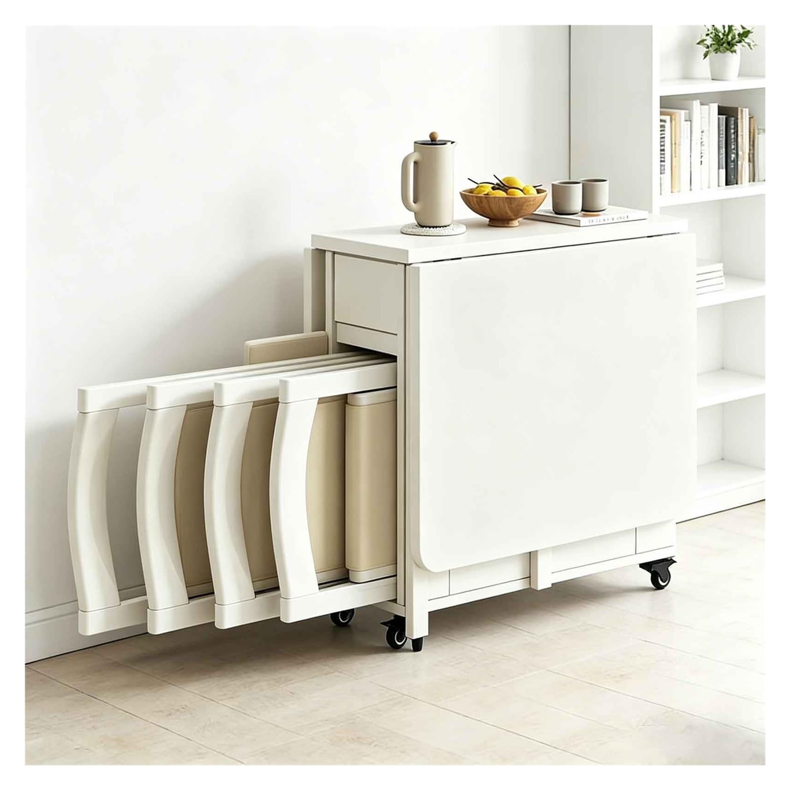 Set Tavolo da Pranzo Pieghevole in Legno Massello, Tavolo Industriale con Ribalte con 4 Sedie e Cassetto Tavoli Allungabili a Scomparsa Multifunzionali for Cucina Soggiorno(White)