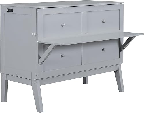 Vista 5 de Cama Murphy de tamaño matrimonial con mesa auxiliar de cama, cama Murphy de madera con puerto USB y escritorio, cama de cubo Murphy para dormitorio