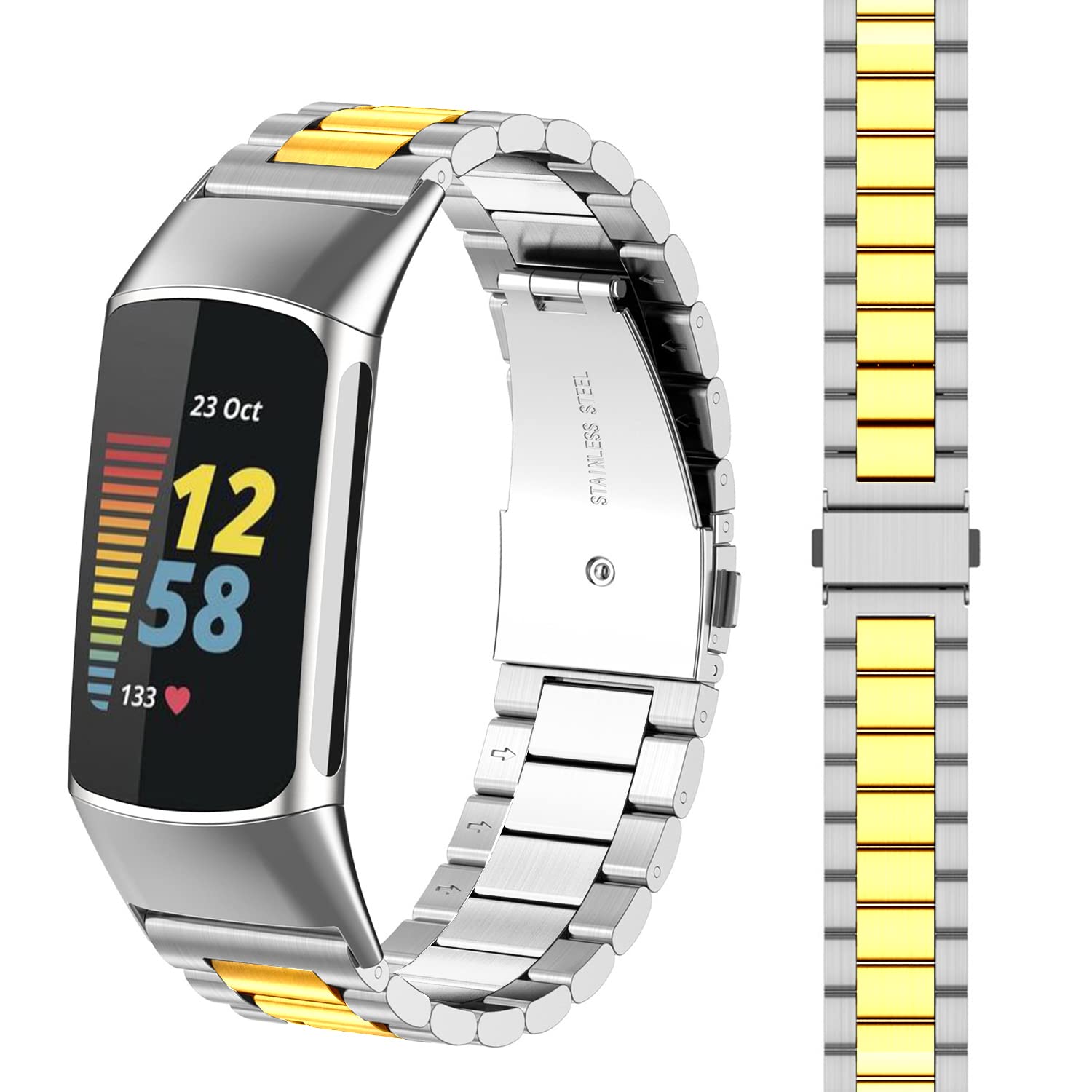 Gheper Metal Band Compatible with Fitbit Charge 6/Charge 5 Stainless Steel Metal Watch Band Strap Bracelet Replacement Wristband Accessories for Charge 6/Charge 5 (Silver&Golden)