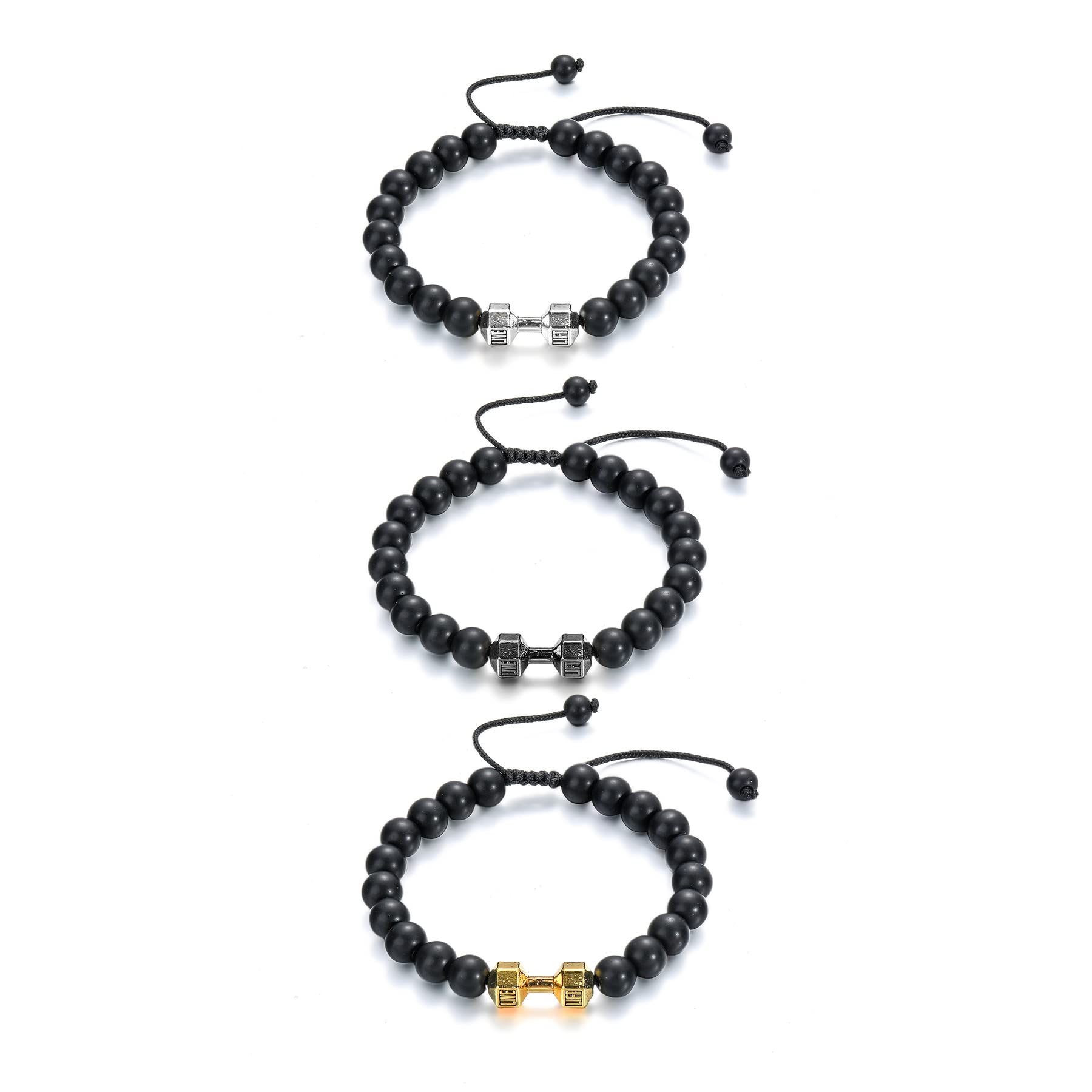 KURTCB3PC Dumbbell Bracelet for Men Gym Bracelet Adjustable Featuring Volcanic Lava Stone Bracelet and Natural Stones Bracelet for Boys Men