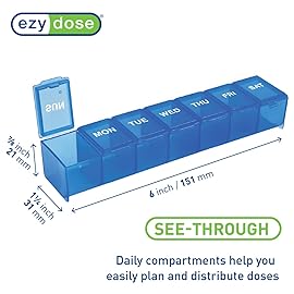 EZY DOSE Weekly (7-Day) Daily Pill Case, Medicine Planner, Vitamin Organizer, Supplement Container, Convenient and Easy to Use, Large Compartments, Travel Friendly, Blue, Made in the USA, BPA Free