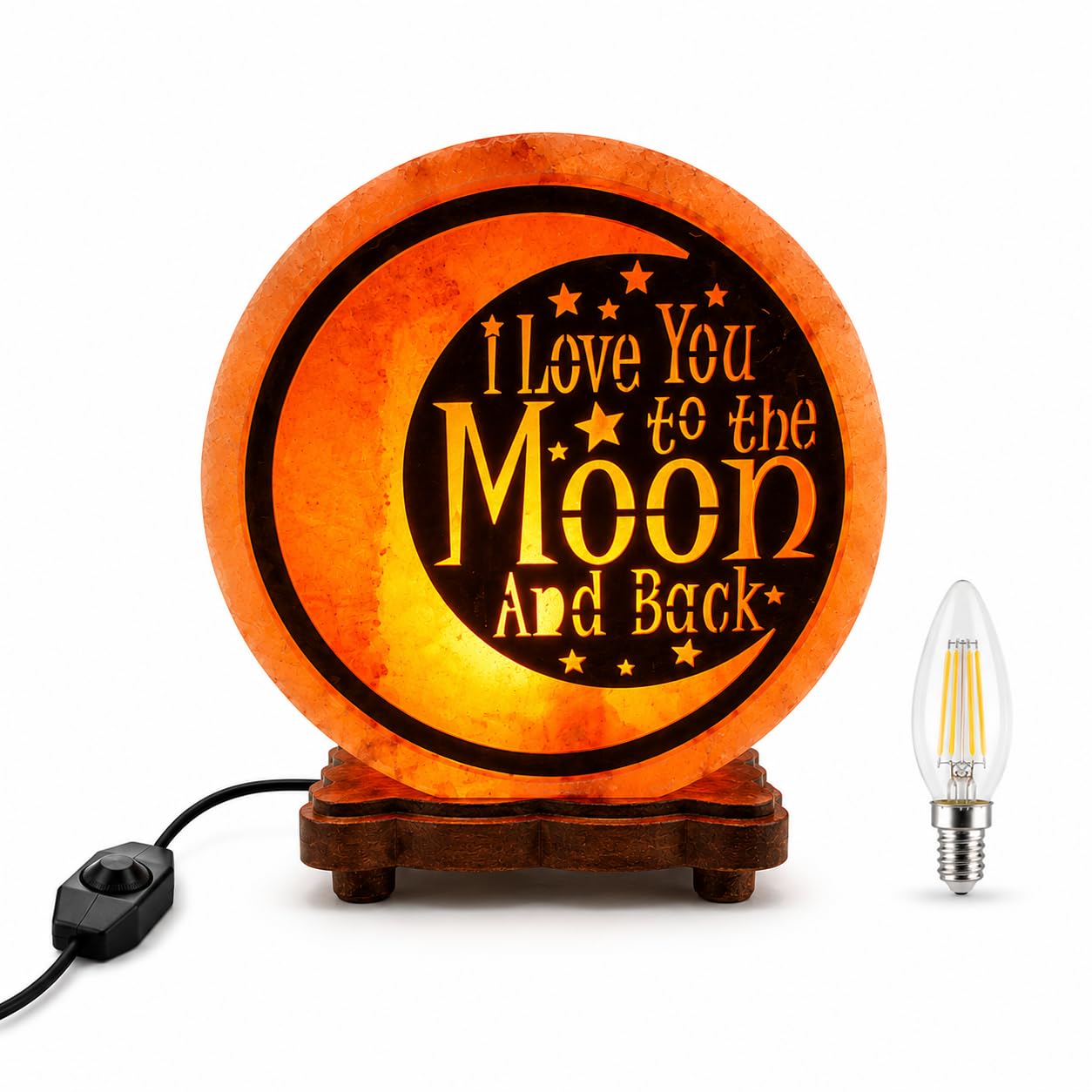 Apex Homeware Himalayan Salt Lamp Natural Pink Crystal Rock Salt Light with Wooden Base, Dimmable E14 Bulb, Dimmer Switch and UK Plug, Home Decor Night Light, Love You to The Moon Lamp