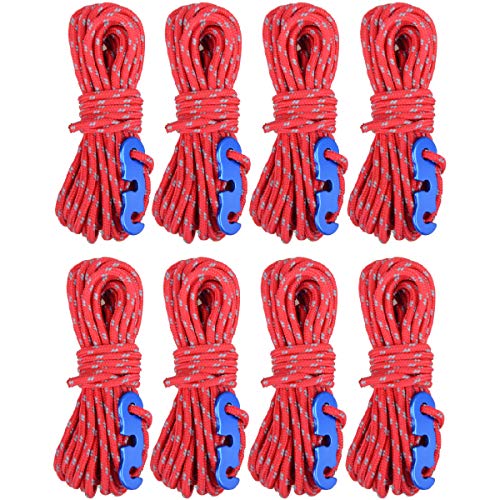 Azarxis 4 Pack Guy Ropes, 3mm Reflective Guy Line, High-Strength Lightweight 4m Tent Guyline Rope with Aluminum Rope Tensioner Ideal for Camping, Awning Tents, Hiking, Outdoor Packaging (Red - 8 Pack)