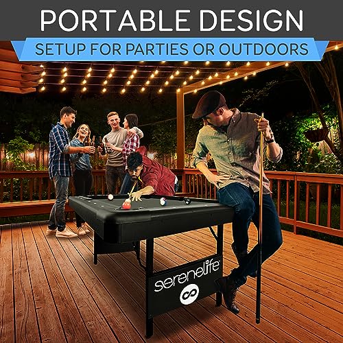 Image of SereneLife 6-Ft Folding Pool Table - Best in Stability - Steel Frame, Fully Supported Slate, Welded Leg Supports with Safety Anti Collapse Locks, 128LB Heavy Duty Billiard Game and Accessory Set