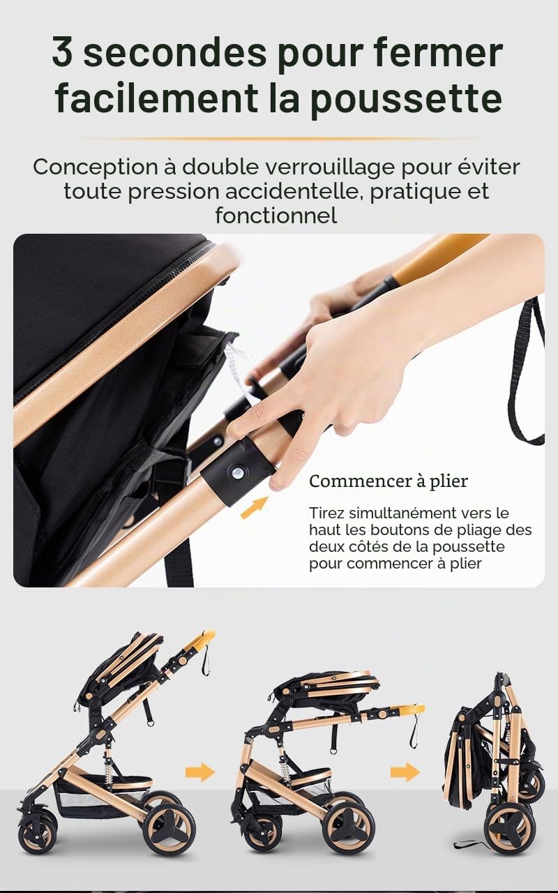 YAZOCO Poussette 3 en 1 Tout Terrain 0 à 4 Ans, Poussette Bébé Pliable, Compacte et Inclinable, Moustiquaire,Couvre - Pieds, Porte - Gobelet à Eau