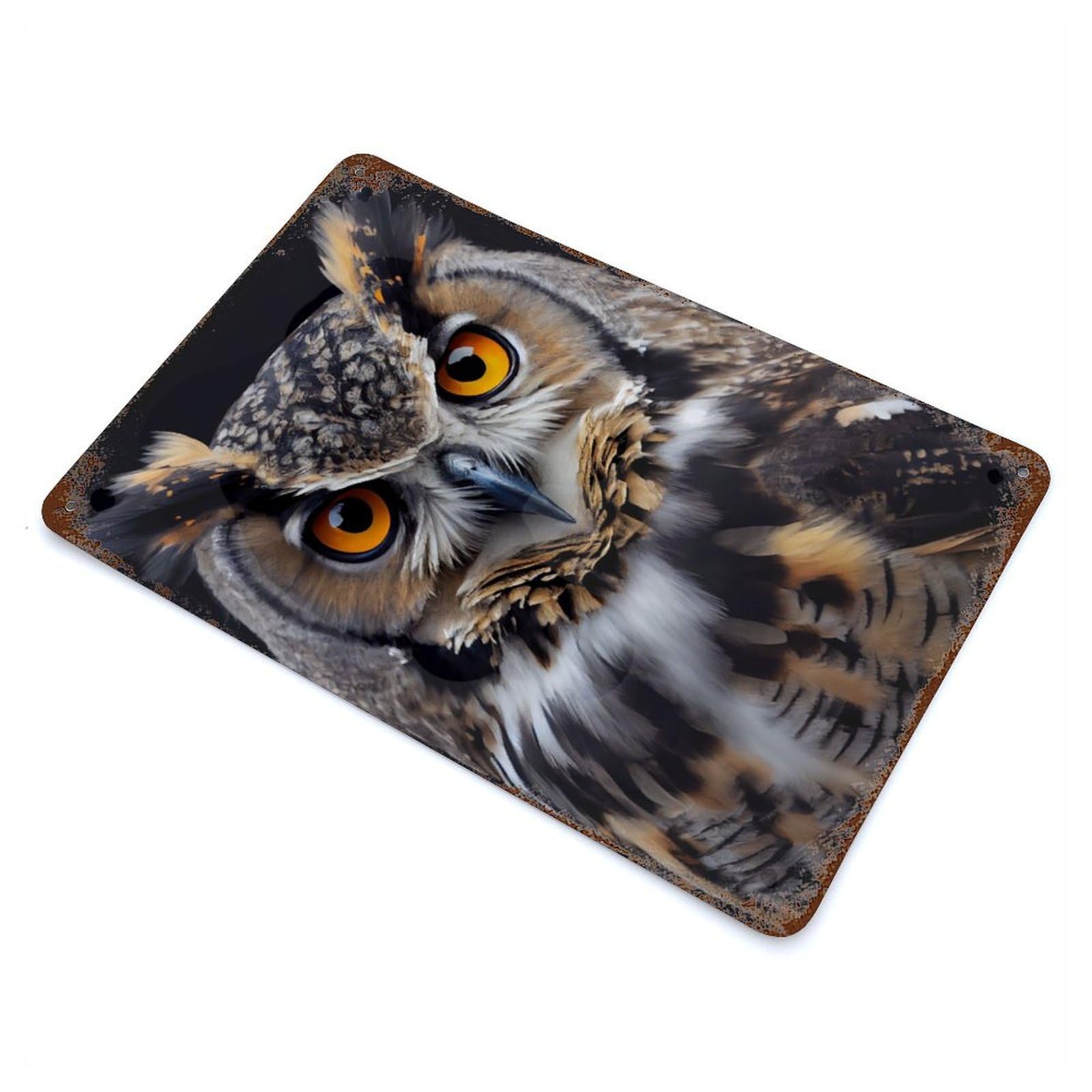 Aged Metal Wall Plaque with Owl Face Design 11.8"x7.9", for Basement, Hobby Room And Garage Decor, Farmhouse Wall Decor