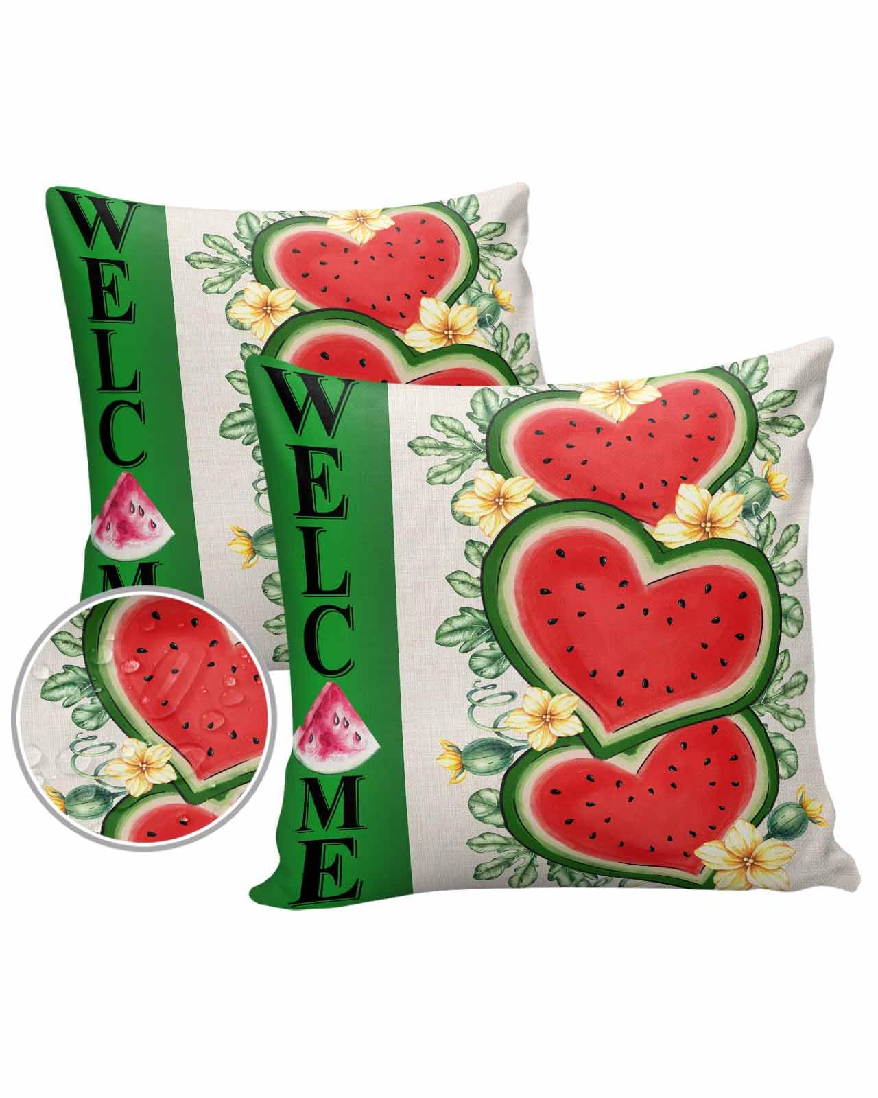 Red Green Watermelon Outdoor Pillow Cover 20x20 Inch Cushion Sham Case, Waterproof Decorative Square Throw Pillowcase for Outside Garden Patio Porch Couch Chair Tent Summer Botanical Plant Leaves