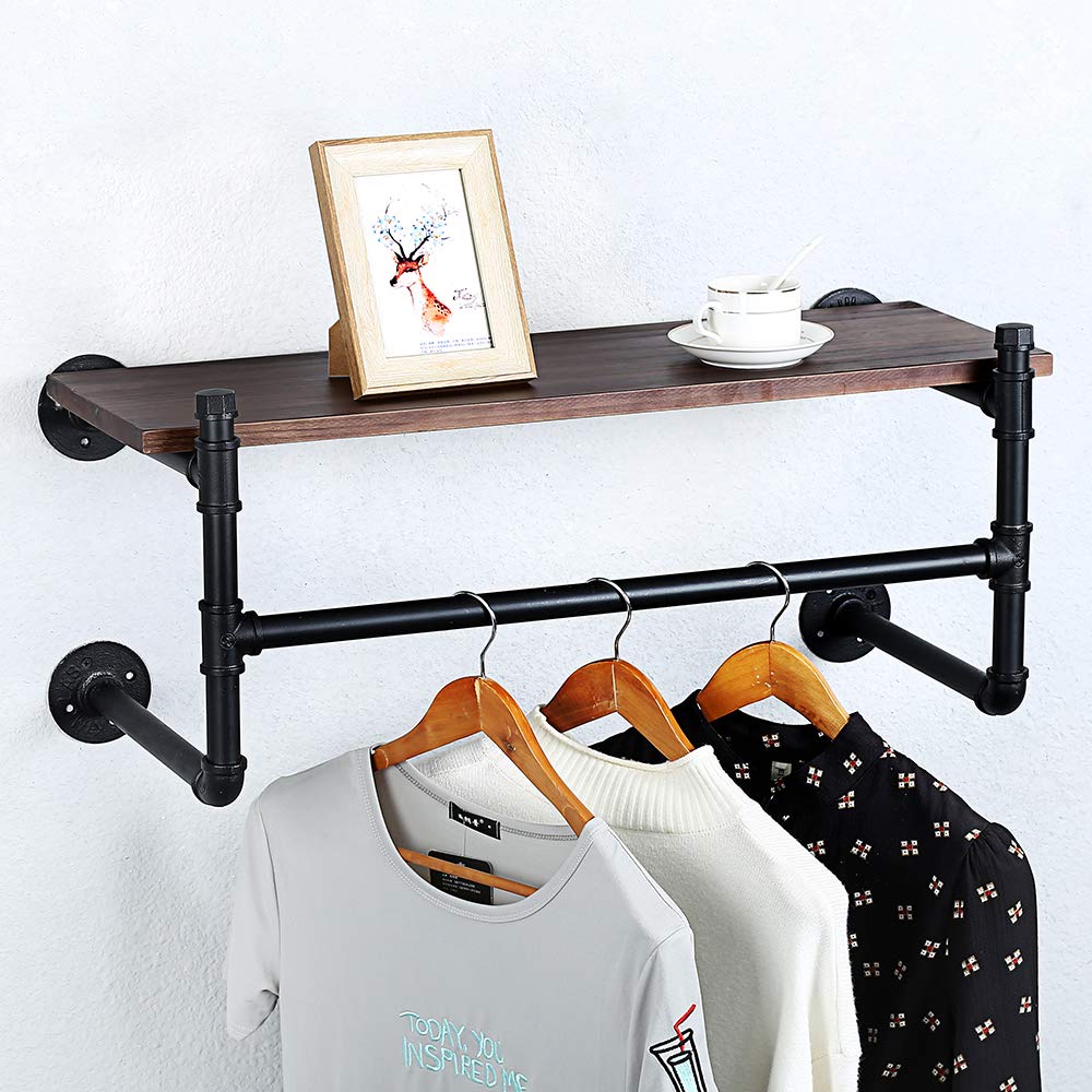 Industrial Pipe Clothing Rack Wall Mounted Wood Shelf,Pipe Shelving Floating Shelves ,Retail Garment Rack Display Rack Clothes Racks(1 Tier,30in)