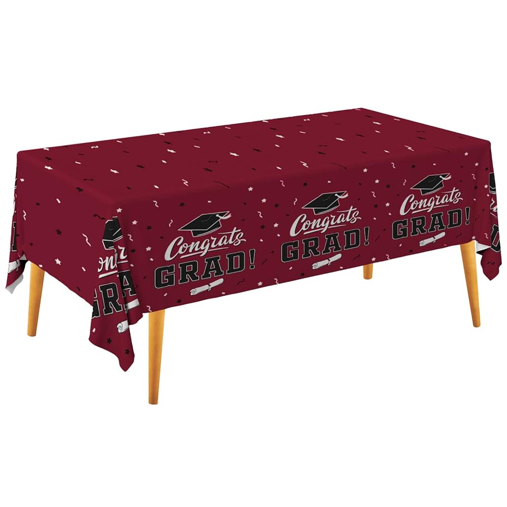 Gatherfun Graduation Tablecloths Graduation Party Table Decorations Waterproof Plastic Rectangular Disposable Table Cover for Congrats Grad Party Supplies 3PCS 54x108 Inch, Maroon