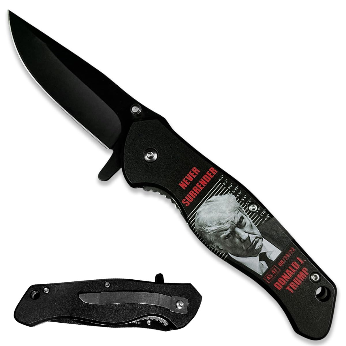 PS Trump Mug Shot Stainless Steel Pocket Knife, Patriotic Everyday Carry Tool, Folding Utility Design, Belt Clip Carry Accessory, Gift and Collection Item, (Never Surrender Theme)