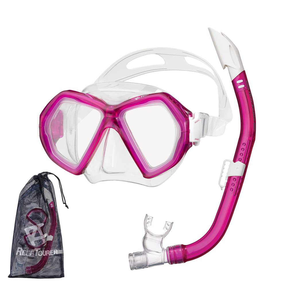 Reef Tourer RC0107 Adult 2-Window Mask & Snorkel Combo Set, Semi-Dry Top, Purge Valve, Low Volume, Tempered Glass Lens, with Reusable Travel Mesh Bag, Bougainvillea Pink