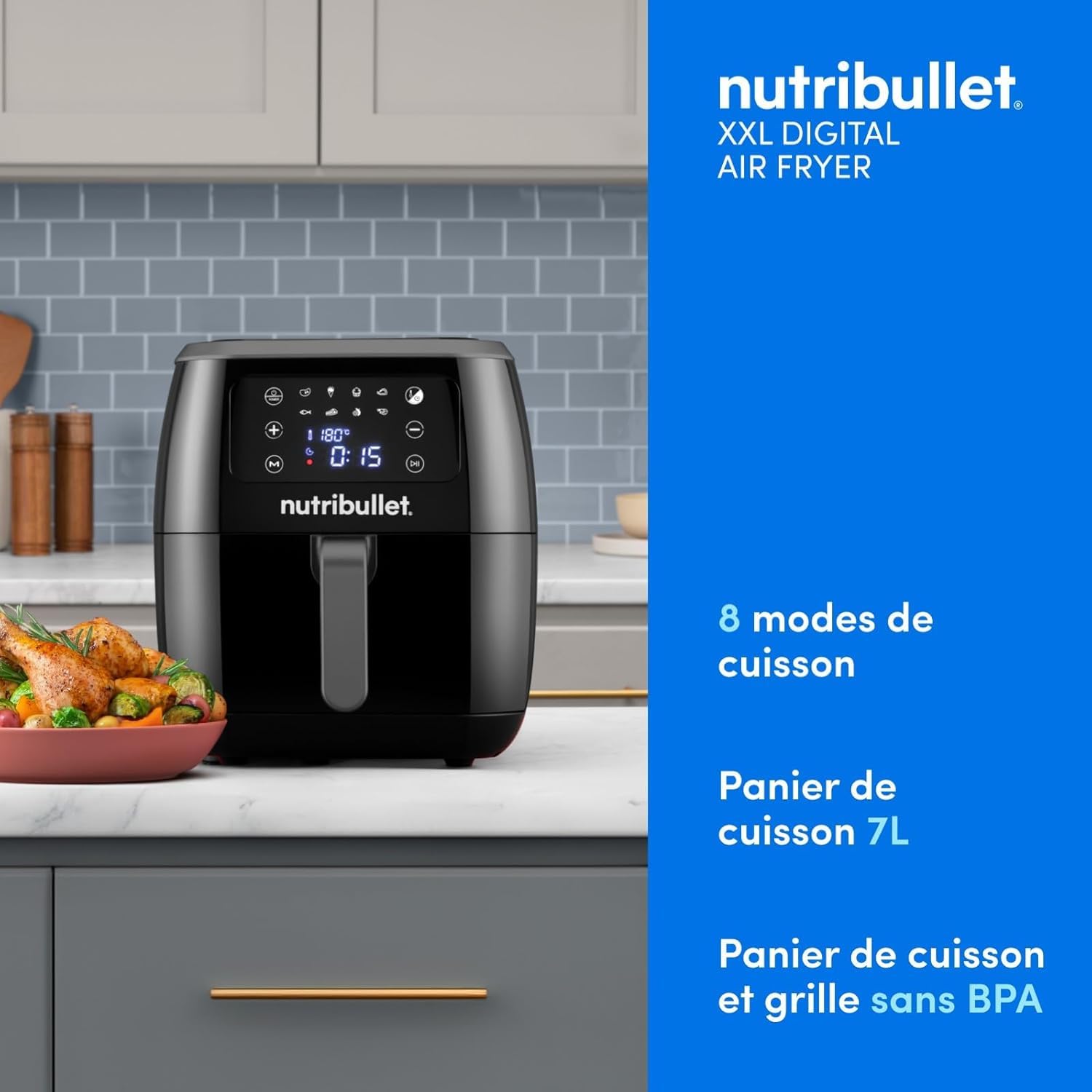 nutribullet Friteuse à air chaud 7L, friteuse sans huile 1800W, friteuse à air chaud avec 8 modes de cuisson, et également cuire, frire, griller tous vos aliments, noir, NBA071B