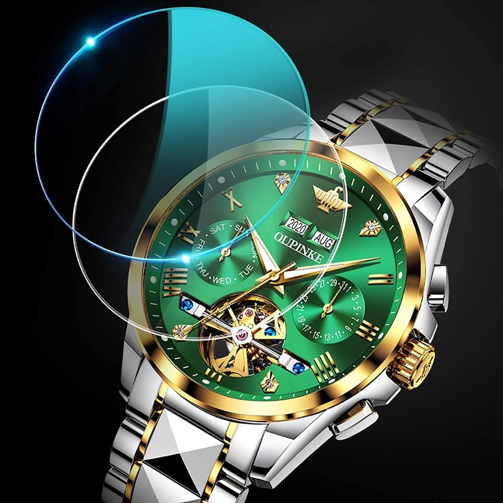 OUPINKE Herrenuhren Automatik Skelett Mechanische Armbanduhr mit Diamanten Tourbillon Wasserdicht Luminous Tag Datum Schwarz Edelstahlarmband