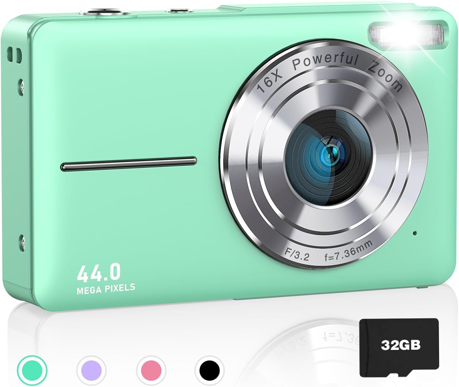 Digital Camera with 1080P Vlogging, 64GB Card, Lanyard, 16X Zoom Anti Shake, Compact, Portable, 44MP, Green, Gift for Kids
