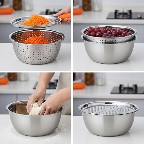 Miniatura 5 de Cuenca multifuncional de acero inoxidable 3 en 1, trituradora y drenaje de acero inoxidable con tapa de rallador, colador y tazón para mezclar