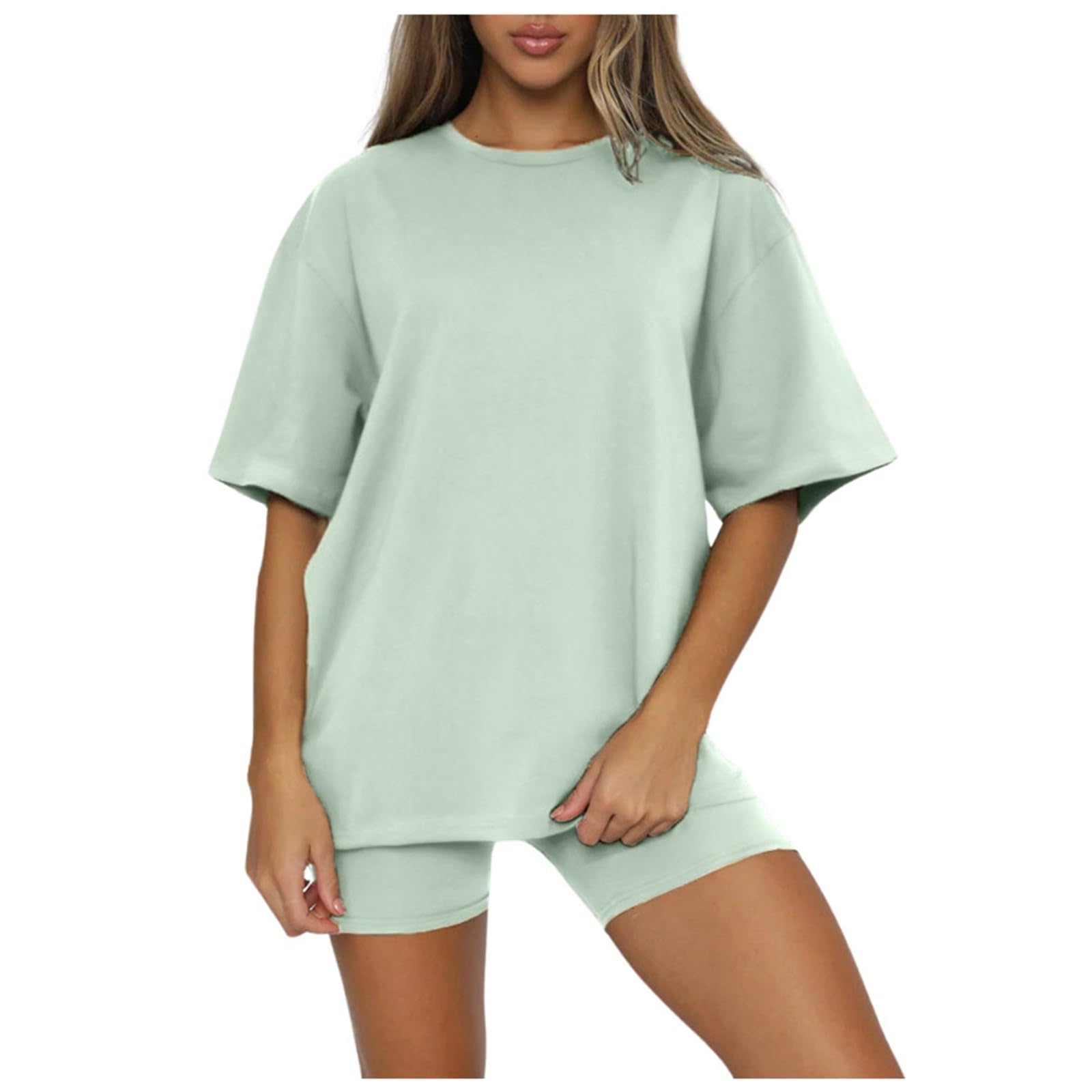 KBOPLEMQ Conjunto de chándal corto para mujer, traje deportivo de gran tamaño, camiseta de un solo color, top + polainas cortas push up, chándal de entrenamiento, 2 piezas, conjuntos de ropa