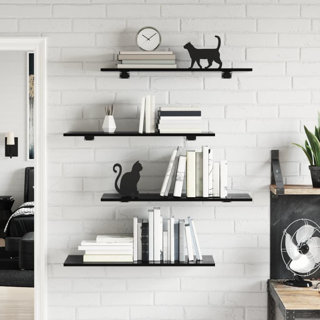 Regał na książki 8 szt. czarny wysoki połysk z materiału drewnopochodnego 80 x 30 x 1,5 cm do systemu regałowego, regał ścienny, regał stojący, możliwość rozszerzenia, przechowywanie bez