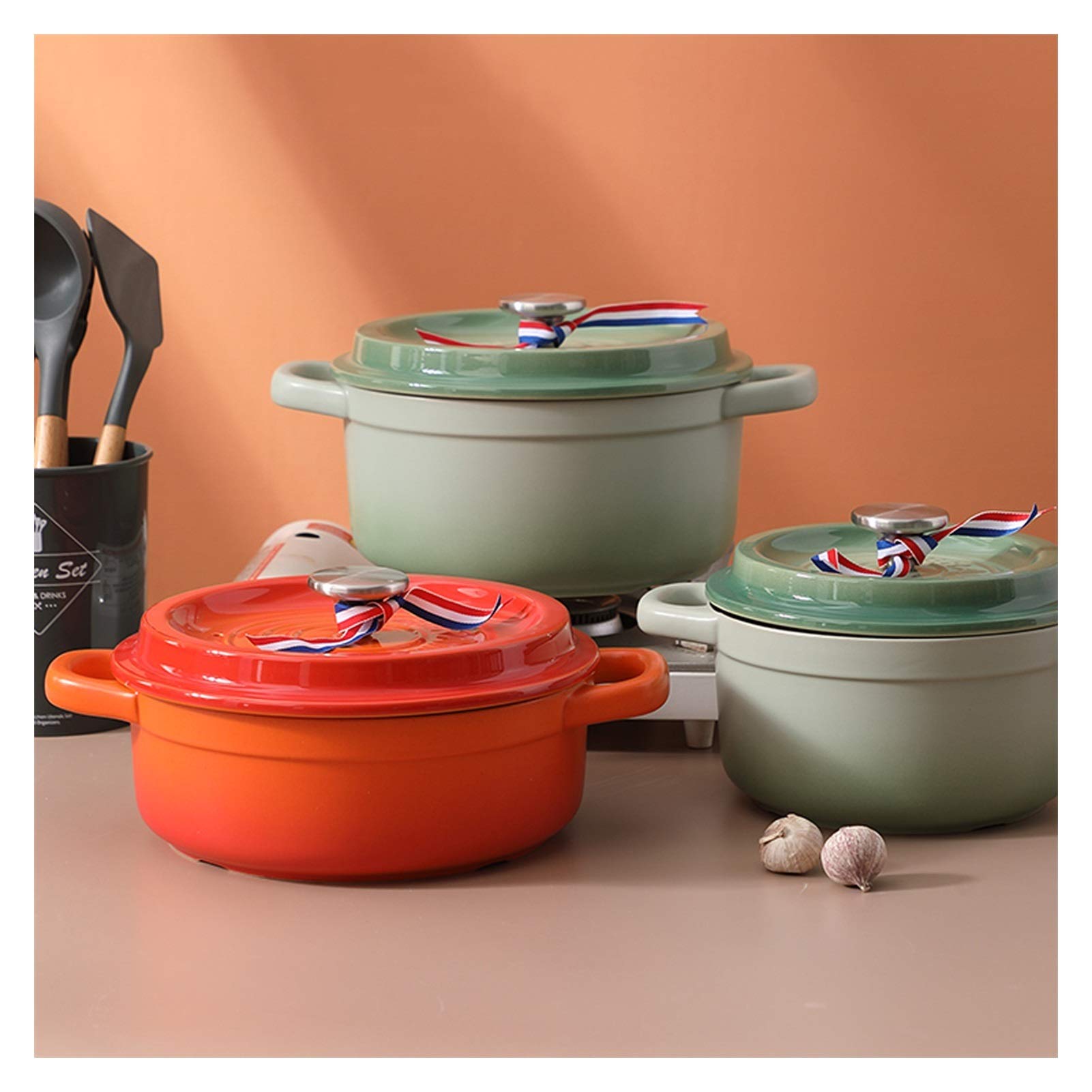 Garnek z pokrywką, gradientowy kolor, garnek ceramiczny premium z pokrywką, kuchenka gazowa, specjalny zapiekanka do pieca, emaliowanego garnka, 3 l (kolor: pomarańczowy)