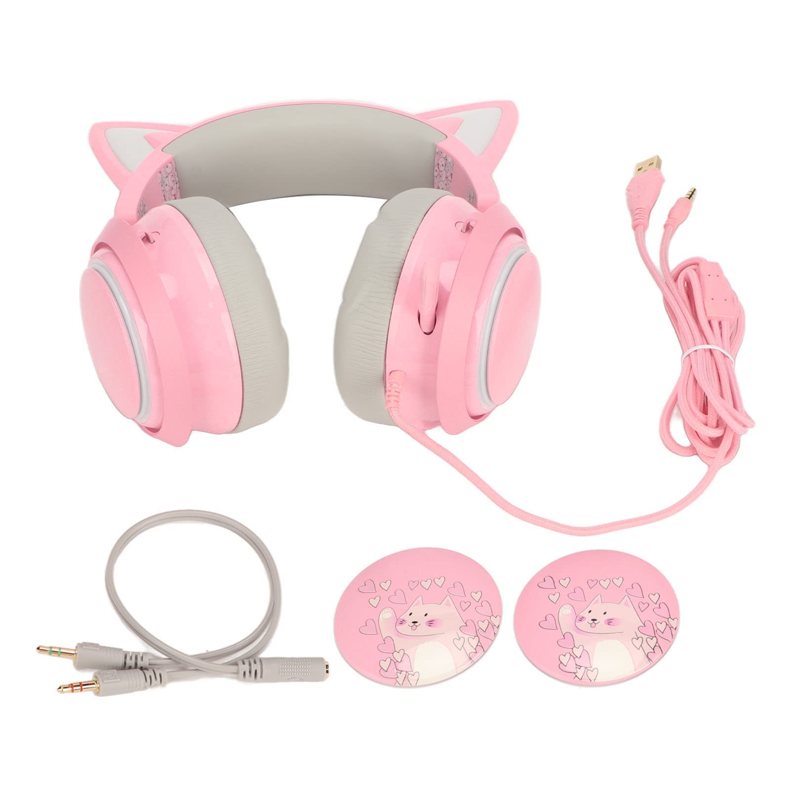 ASHATA Casque de Jeu Rose, Casque de Jeu Filaire USB Rose avec Oreille de Chat pour PC/MAC avec Suppression du Bruit Surround 7.1, Oreille de Chat et Micro Détachables,