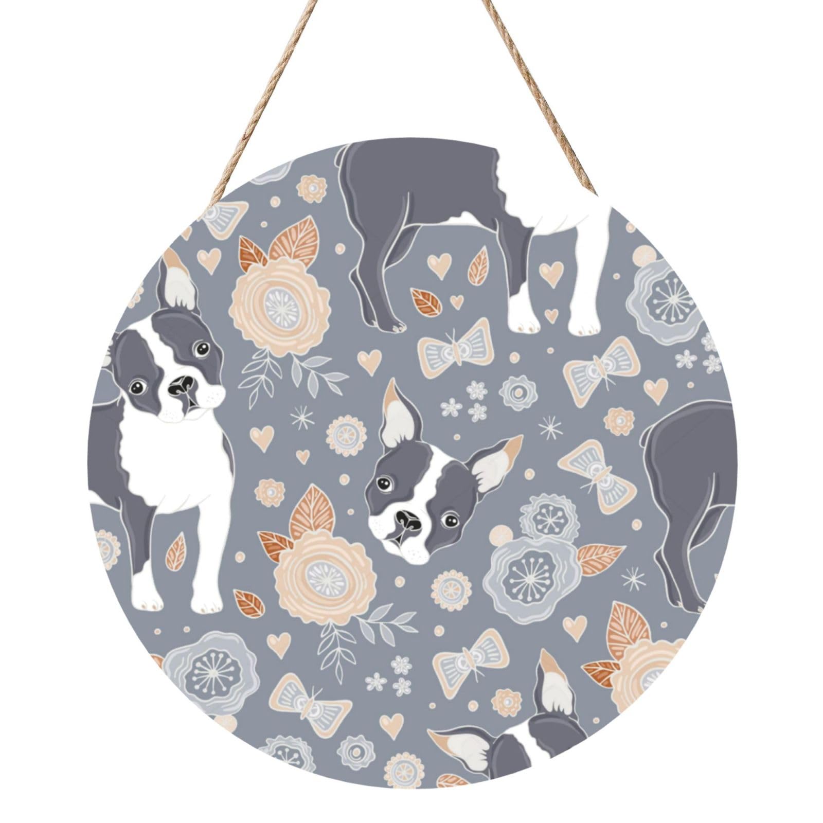 InOmak Boston Terrier Beautiful Flowers, Round Wood Panel Painting 12 in, Wall Hanging Painting For Home