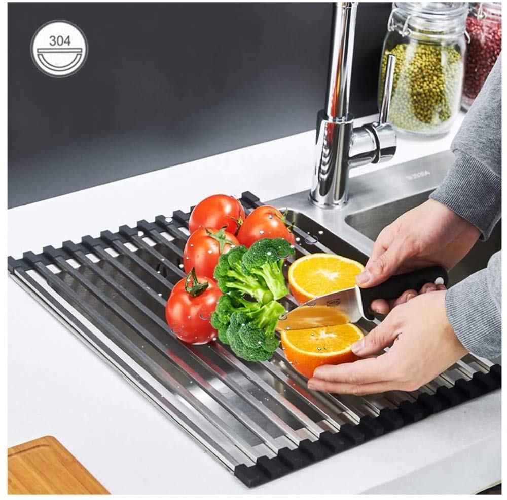 CLQ Estante De Drenaje De Acero Inoxidable Estante De Secado De Frutas Y Verduras, Escurridor, Escurridor, Escurridor sobre Fregadero Enrollable, Negro