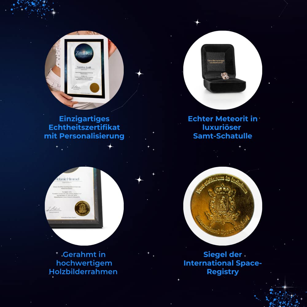 Echte Sternschnuppe mit personalierbarem Echtheitszertifikat und Holzbilderrahmen | Meteorit als Geschenk zum Jahrestag, Geburtstag, Valentinstag, Weihnachten