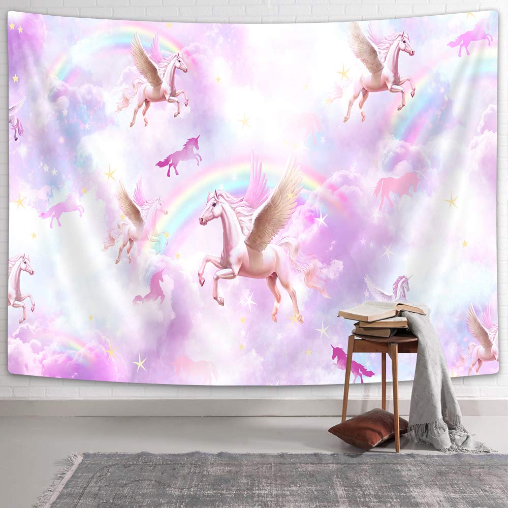 NYMB Unicorn Tapestry Wall Hanging, Fantasy Horses Rainbow Stars with Cute Cloud on Abstarct Pink Backdrop, Bright Color Purple Pink Girl Room Decor Tapestres Wall Art for Bedroom Home