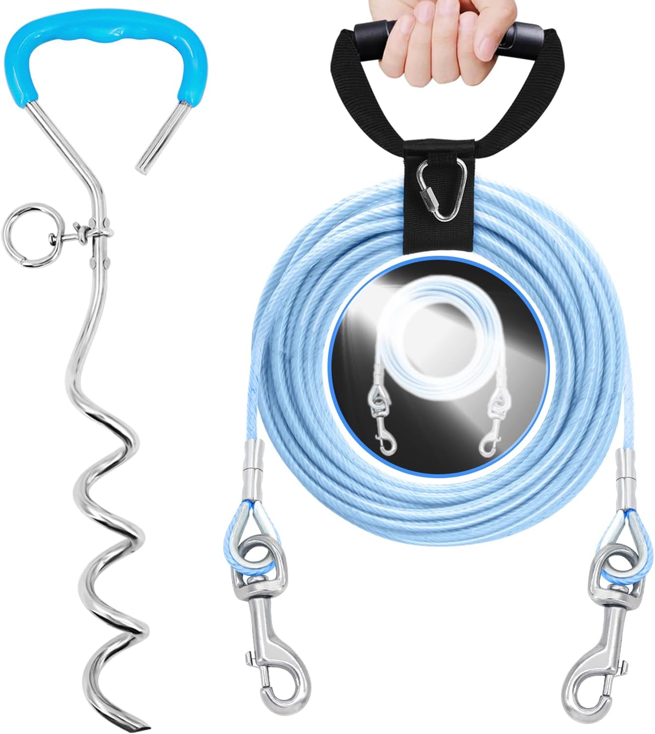 Reflective Dog Tie Out Cable and Stake with Handle, Dog