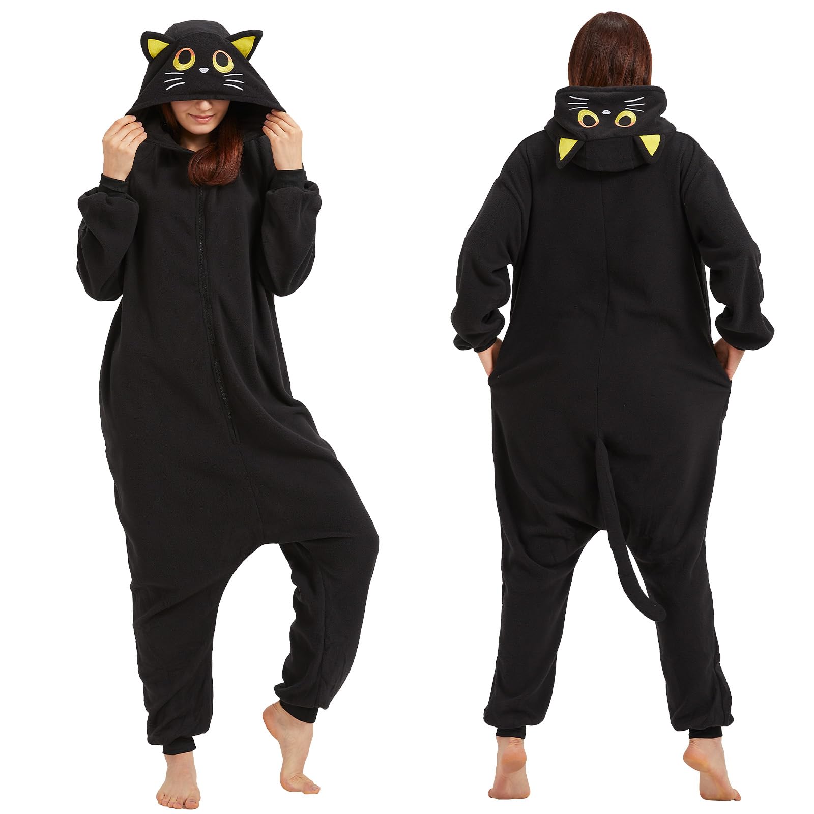 Pijamas de gato negro acogedor para adultos, disfraz de Halloween de una pieza, ropa de dormir de Navidad