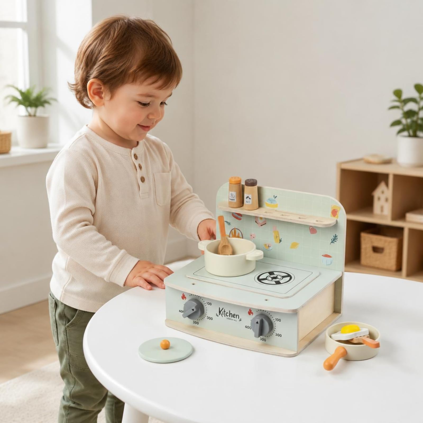 Amagogo Cucina Giocattolo per Bambini Giocattolo Piano Cottura Set Accessori Gioco di Ruolo Legno con Pomelli Grafiche Tema Adatta per Gioco Quotidiano Regali Casa Area