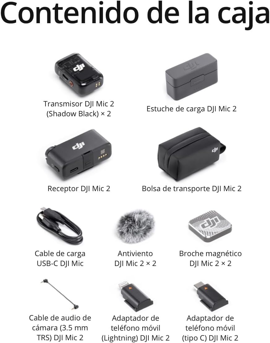DJI Mic 2 (2 TX + 1 RX + Estuche de carga), todo en uno, micrófono inalámbrico, cancelación de ruido inteligente, grabación interna flotante de 32 bits, micrófono para iPhone y Android